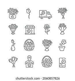 Flower bouquet related icons: thin vector icon set, black and white kit