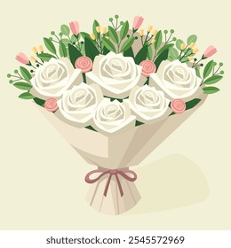 flower bouquet with roses isolated on white background flat design