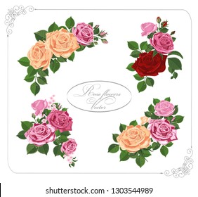 Flower bouquet. Roses with leaves and buds in the frame. Wedding, birthday, design, invitation card Template. Elements are isolated on white-Vector graphics.