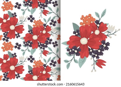 Flower bouquet with seamless pattern. Floral background set