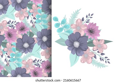 Flower bouquet with seamless pattern. Floral background set