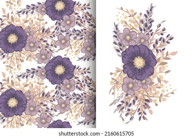 Flower bouquet with seamless pattern. Floral background set