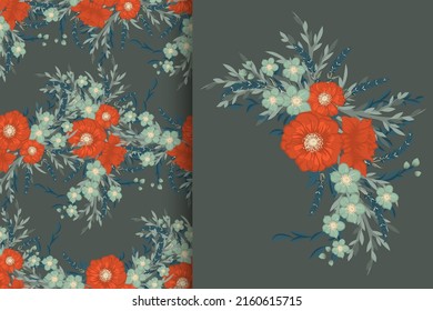 Flower bouquet with seamless pattern. Floral background set