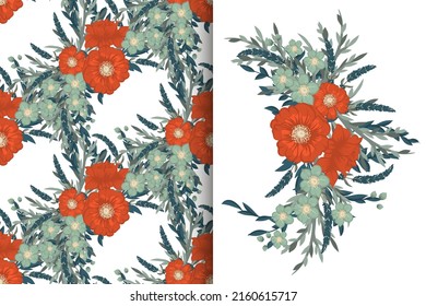 Ramo de flores con un patrón impecable. Conjunto de fondo floral