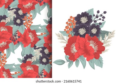 Flower bouquet with seamless pattern. Floral background set