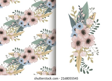 Flower bouquet with seamless pattern. Floral background set