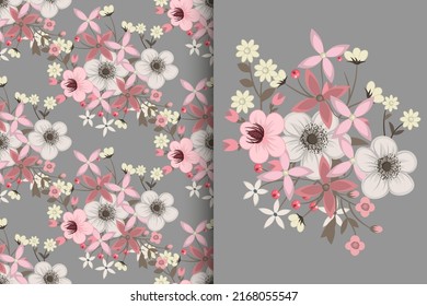 Flower bouquet with seamless pattern. Floral background set