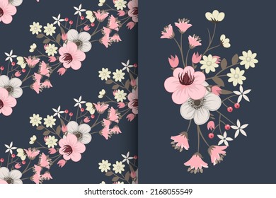 Flower bouquet with seamless pattern. Floral background set