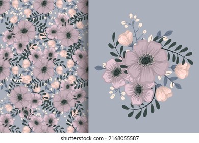 Flower bouquet with seamless pattern. Floral background set