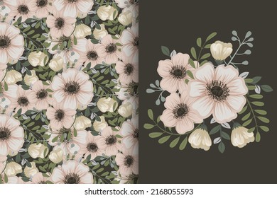 Flower bouquet with seamless pattern. Floral background set