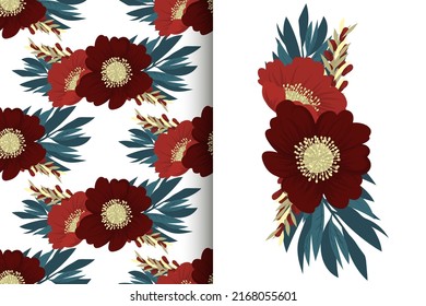Flower bouquet with seamless pattern. Floral background set