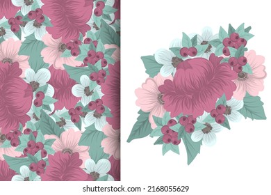 Flower bouquet with seamless pattern. Floral background set