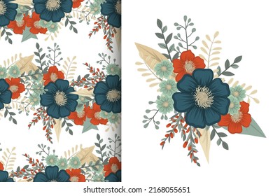 Flower bouquet with seamless pattern. Floral background set