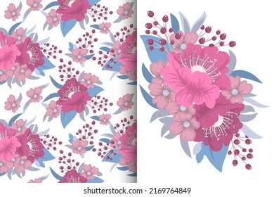 Ramo de flores con un patrón impecable. Conjunto de fondo floral.