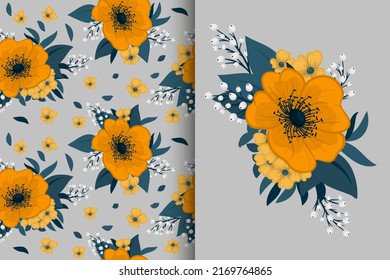 Flower bouquet with seamless pattern. Floral background set.