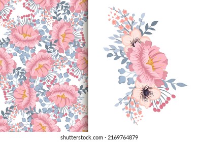 Flower bouquet with seamless pattern. Floral background set.