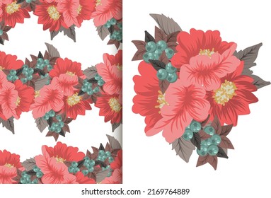 Flower bouquet with seamless pattern. Floral background set.