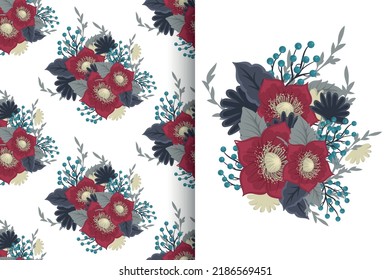 Flower bouquet with seamless pattern. Floral background set