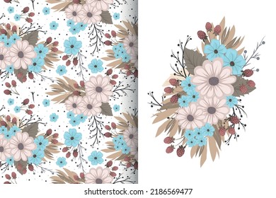 Flower bouquet with seamless pattern. Floral background set