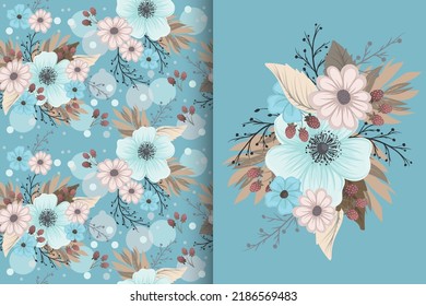 Flower bouquet with seamless pattern. Floral background set