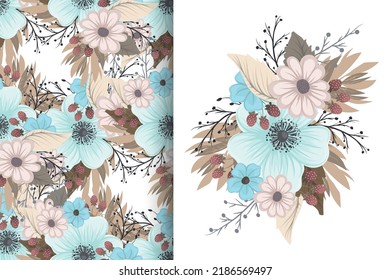 Flower bouquet with seamless pattern. Floral background set