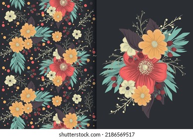Flower bouquet with seamless pattern. Floral background set