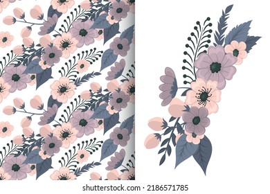 Flower bouquet with seamless pattern. Floral background set