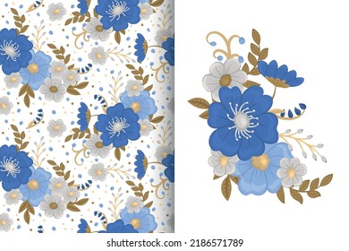 Flower bouquet with seamless pattern. Floral background set