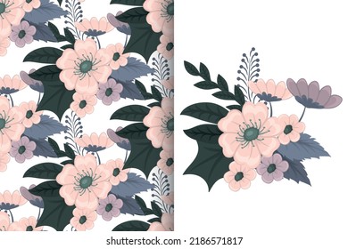 Flower bouquet with seamless pattern. Floral background set