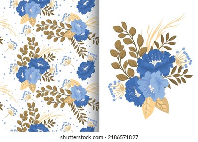 Flower bouquet with seamless pattern. Floral background set