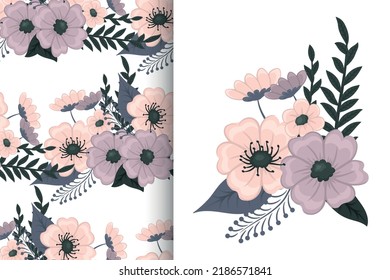 Flower bouquet with seamless pattern. Floral background set