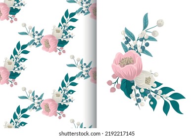 Flower bouquet with seamless pattern. Floral background set