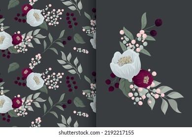 Flower bouquet with seamless pattern. Floral background set