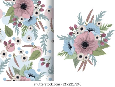 Flower bouquet with seamless pattern. Floral background set