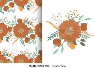 Flower bouquet with seamless pattern. Floral background set