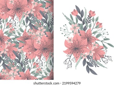 Flower bouquet with seamless pattern. Floral background set