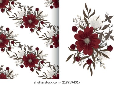 Flower bouquet with seamless pattern. Floral background set