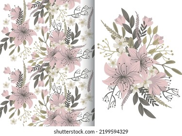 Flower bouquet with seamless pattern. Floral background set