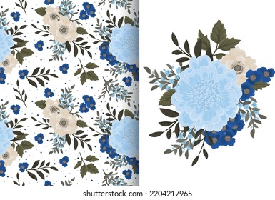 Flower bouquet with seamless pattern. Floral background set