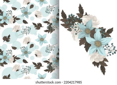 Flower bouquet with seamless pattern. Floral background set