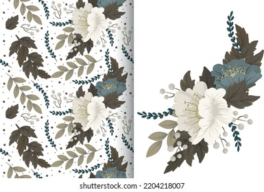 Flower bouquet with seamless pattern. Floral background set