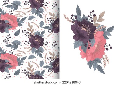 Ramo de flores con un patrón impecable. Conjunto de fondo floral