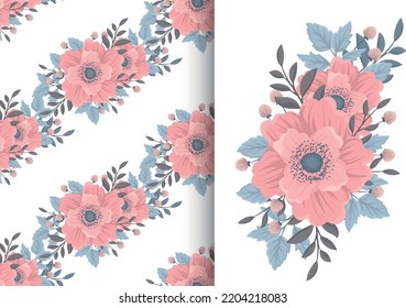 Flower bouquet with seamless pattern. Floral background set