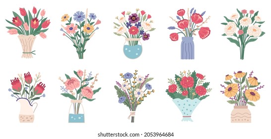 Flower bouquet. Set of bright spring blooming flowers in vases and bottles isolated on a white background. Cartoon flat vector illustration. 