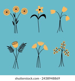 Conjunto de ramo de flores. Diferentes flores amarillas. Daisy, Rose, Tulip, Gerbera. Colección de iconos de colores lindos. Decoración del hogar. Fondo azul. Ilustración vectorial de diseño plano