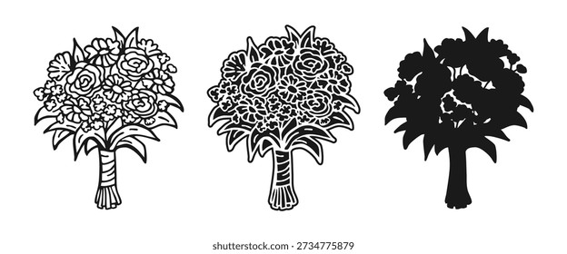 Conjunto de buquê de flores com rosas e margaridas desenhado à mão doodle linear, silhueta e conjunto de estilo de gravação. Floral bunches ilustração vetorial vintage botânica Happy Valentines Card, casamento e aniversário
