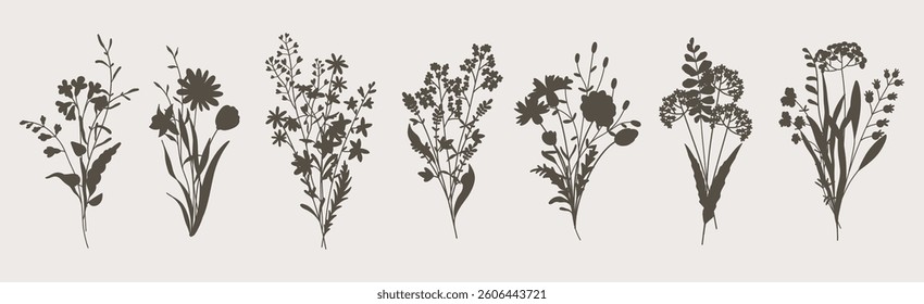 Flower bouquet Set. Silhouette in black. Compositions delicate wildflowers, meadow herbs, branches and leaves, garden plants. Vector illustration
