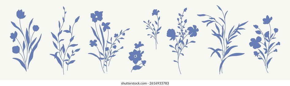 Flower bouquet Set. Silhouette in blue. Compositions delicate wildflowers, meadow herbs, branches and leaves, garden plants. Vector illustration