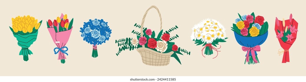 Flower bouquet. Set of various beautiful bouquets.Collection of various flowering plants with stems and leaves.Flower bouquet colorful summer flowers set for invitation, greeting card, poster, frame