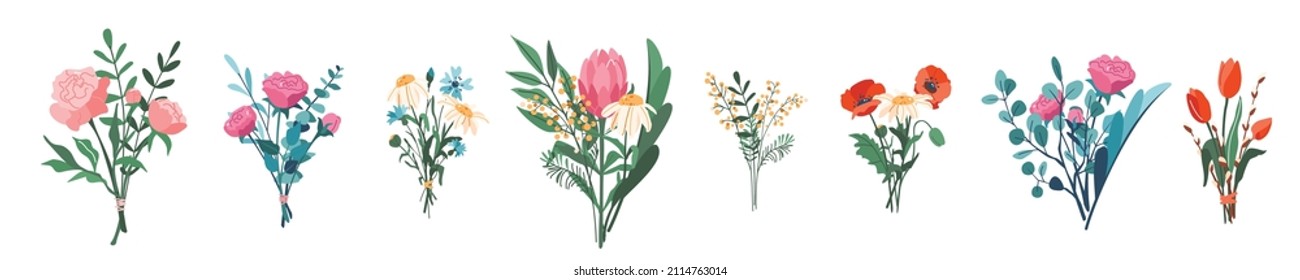 Ilustración vectorial del conjunto de ramos de flores. Floral floral con hojas y ramitas. Decoración primaveral en estilo moderno simple de caricatura plana para el diseño de impresión de vacaciones